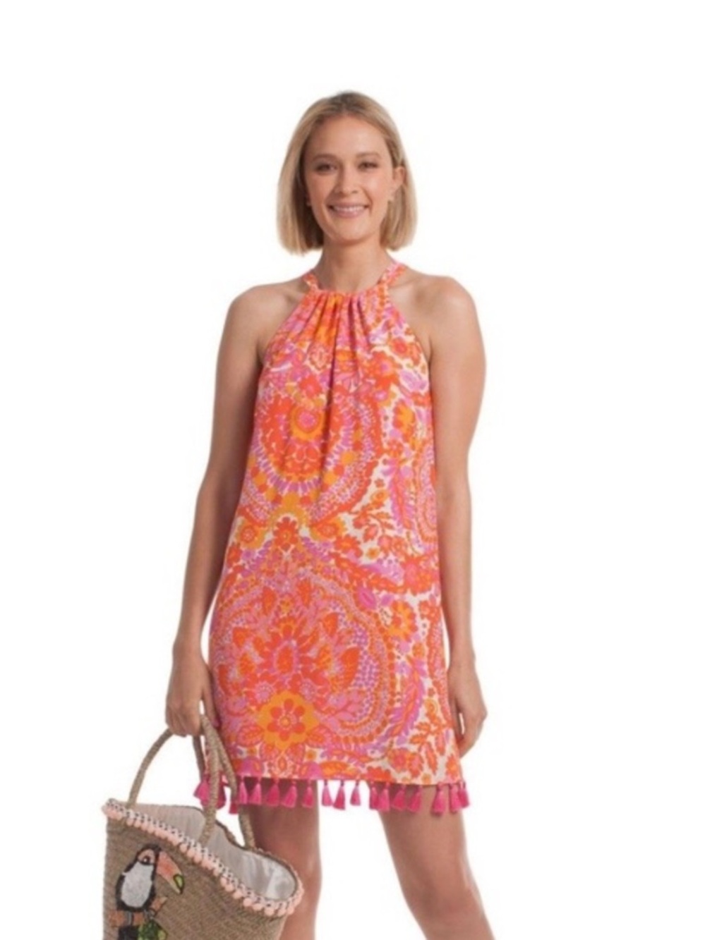 $348 TRINA TURK size 2 Peony Silk Floral Mini Dress Tassel Hem Mod Vibrant